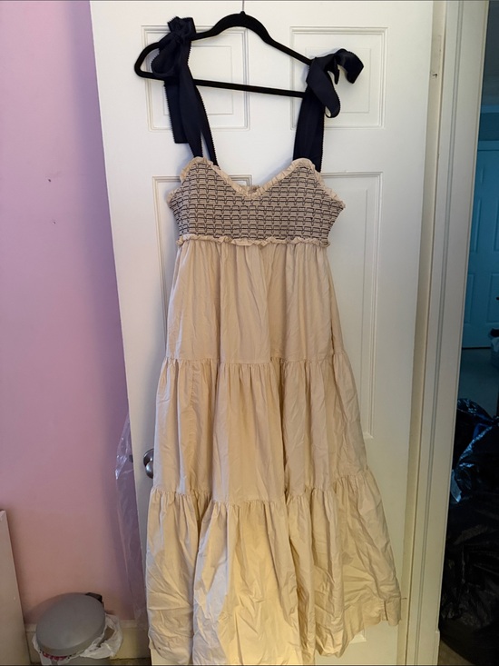 Free People Dresses & Skirts - Free People Beige Tiered Maxi Dress with Navy Tie Straps